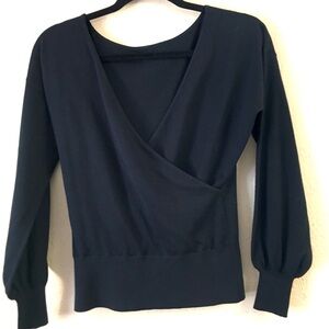 Worth New York Silk Faux Wrap Blouse Small Black V-Neck Long Sleeve Classic
